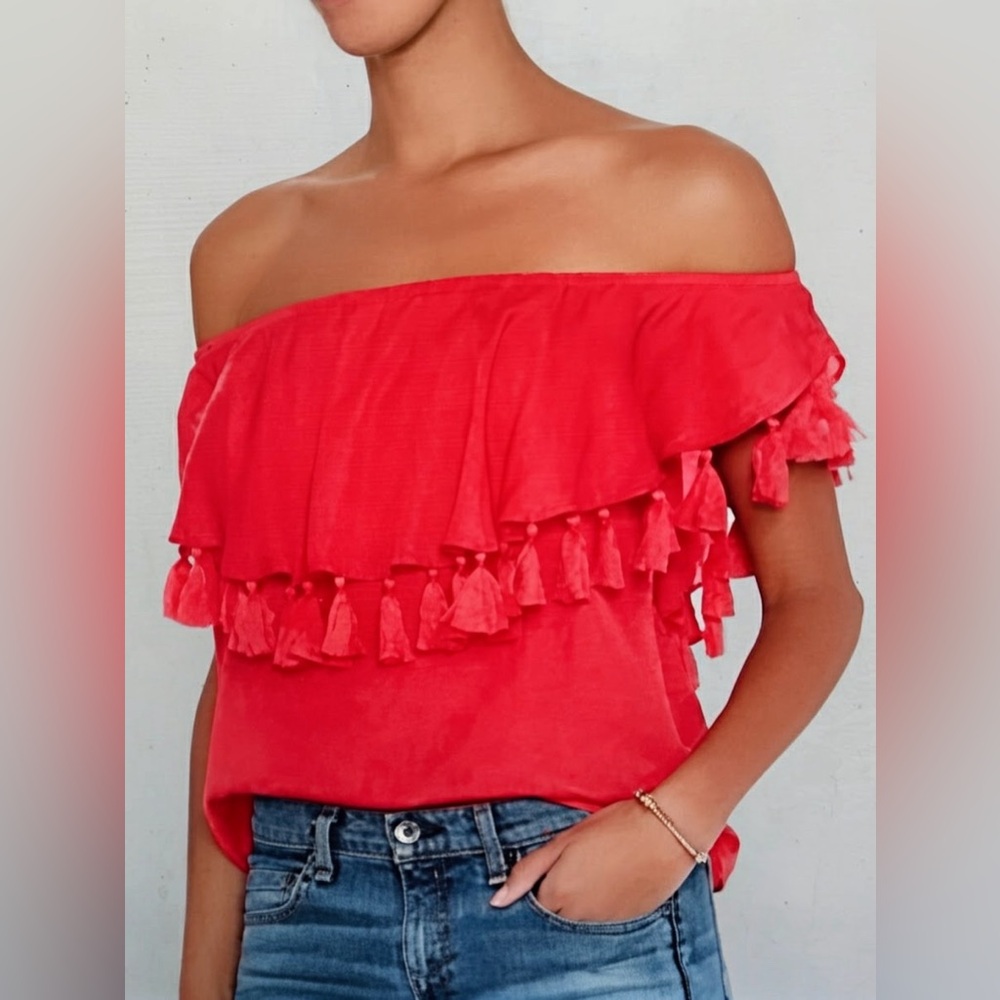St Roche Off-Shoulder Coral Tassel Top Size XS